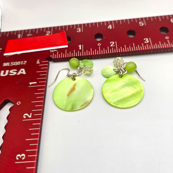 Pierced Earrings Green Shell Disc Beaded Dangle Drop Boho Lightweight SKU2778 - Picture 4 of 5